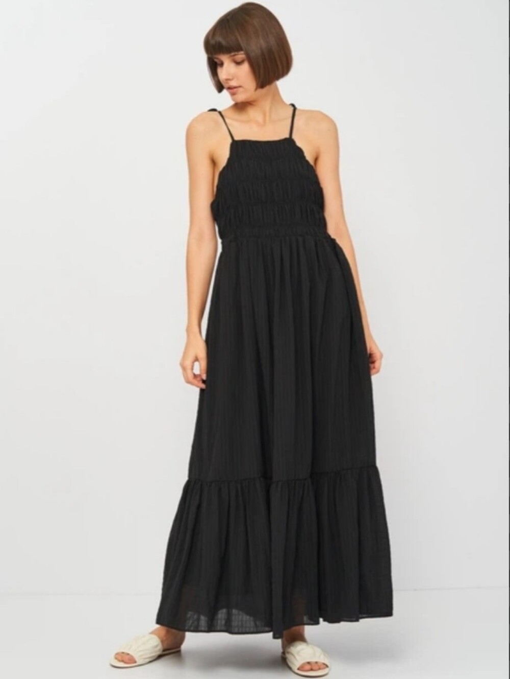 Zara Black Smocked Maxi Dress with Spaghetti Straps